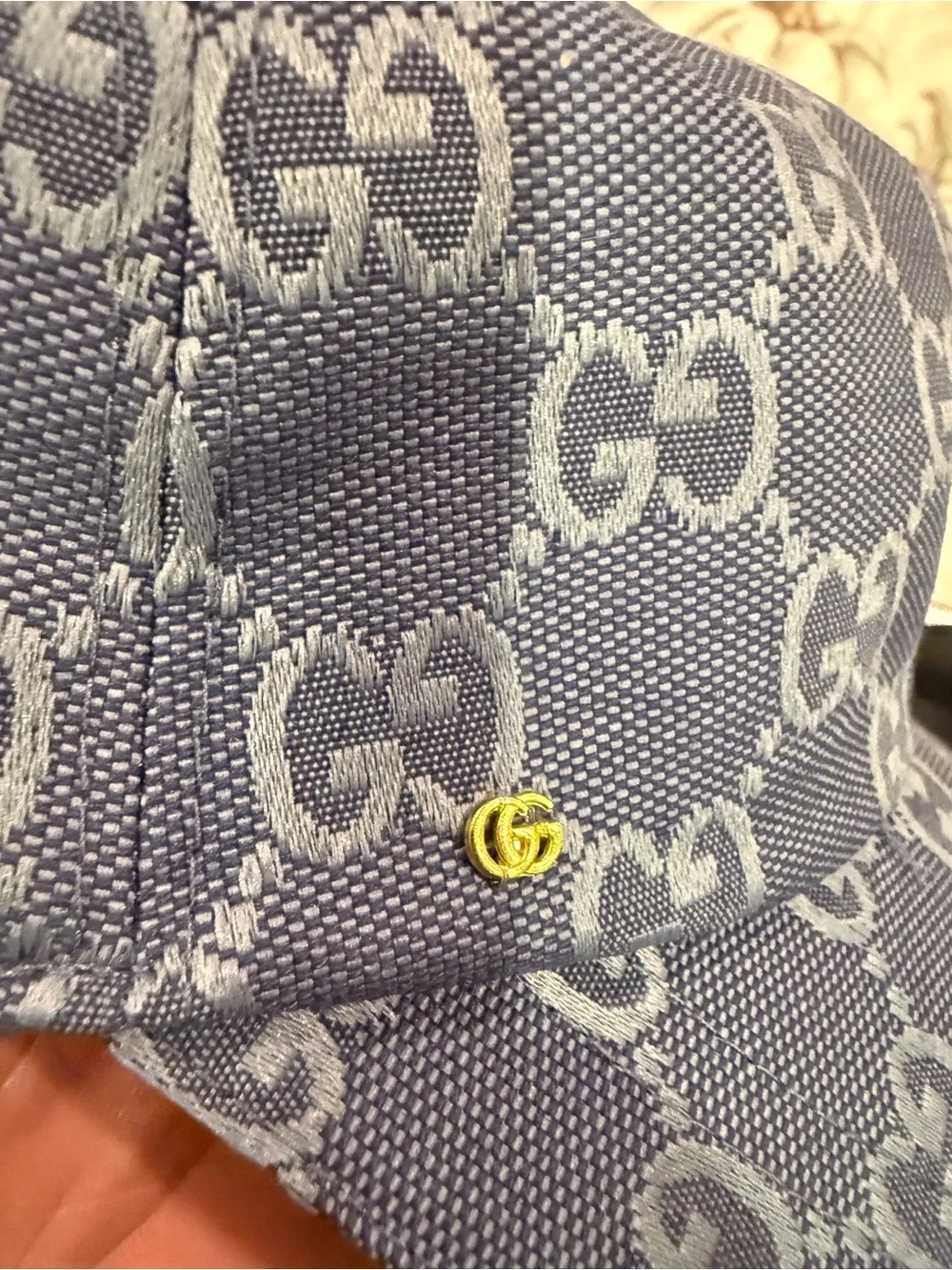 Gucci Cream Satin Hat with Navy and Red Label Accents